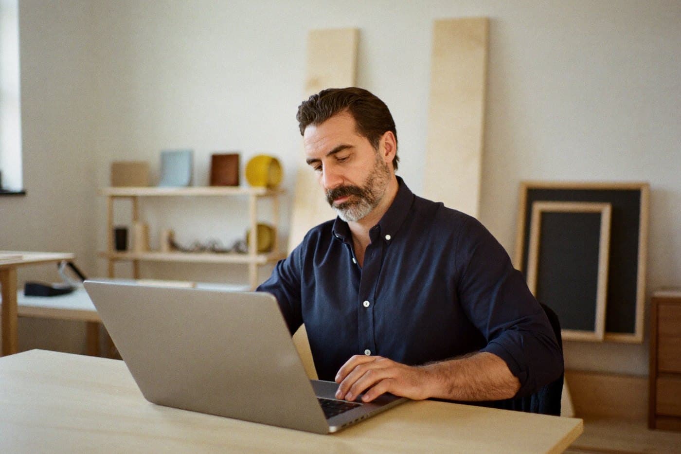 Dono de um estúdio de móveis acompanha as finanças da empresa no notebook